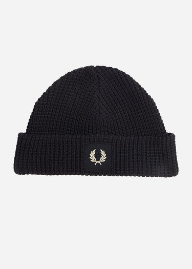 Fred Perry Mutsen Patch brand waffle knit beanie - oatmeal dark caramel