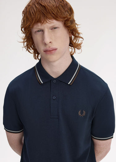 Fred Perry Polo's Twin tipped fred perry shirt - Navy Wheat Brown Tobacco